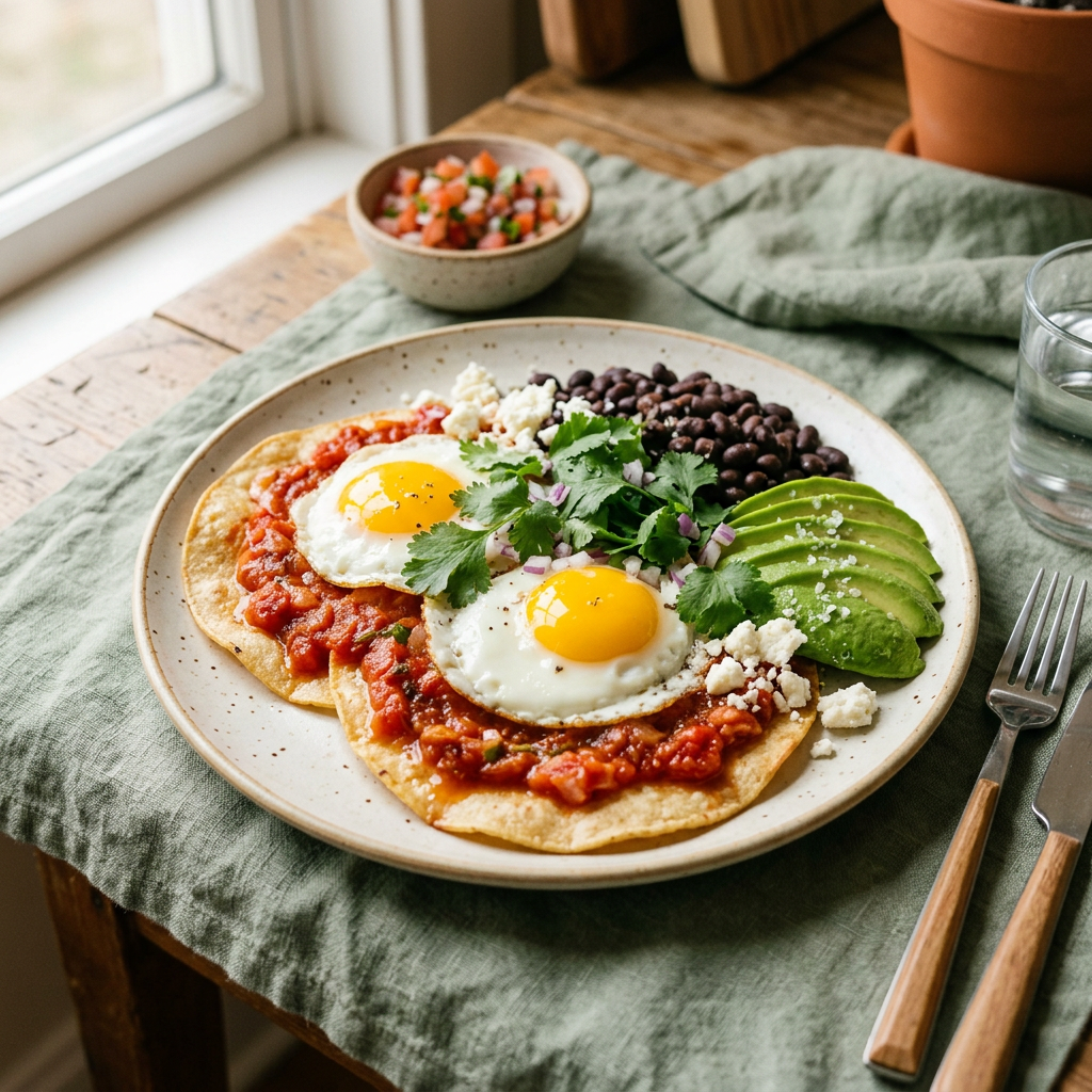 Traditional huevos rancheros with eggs, tortillas, beans, avocado