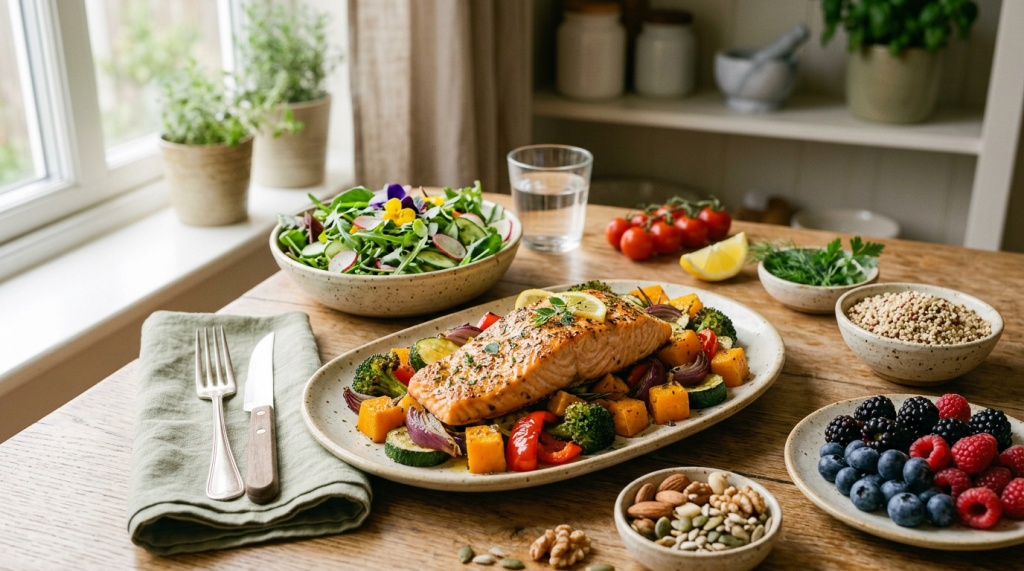 Grilled salmon with roasted vegetables, salad, quinoa, berries, and nuts